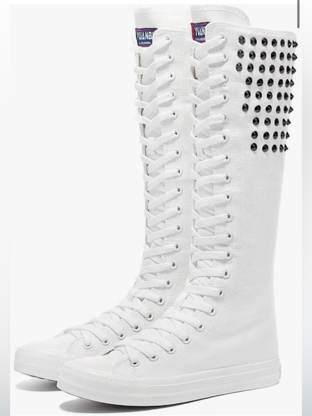 Amazon White Tall Lace-Up Canvas Boots with Black Stud Detail